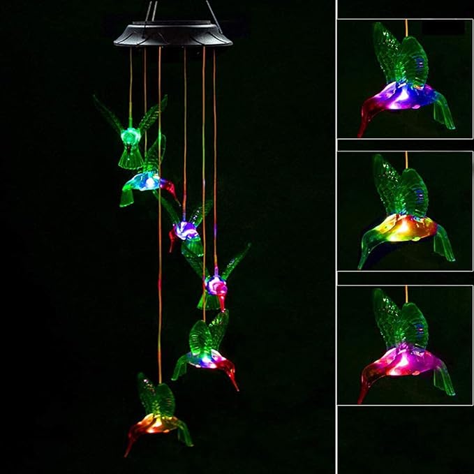Solar Hummingbird Wind Chimes - Color Changing LED Lights, Waterproof Outdoor for Home, Yard, Night, Garden