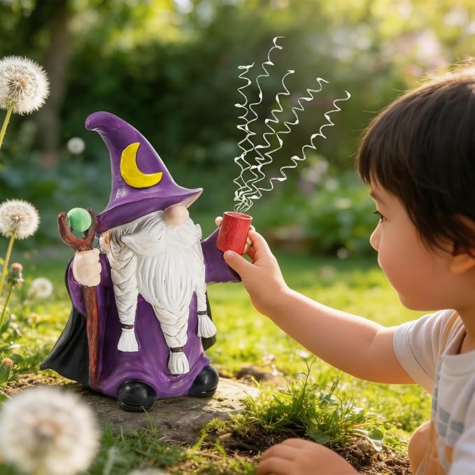 HUYIENO Gnome Solar Garden Statue 9.7" Outdoor Decor with LED Firefly String Lights, Waterproof Solar Powered Figurine for Patio, Yard, Lawn, Porch, Housewarming, Mom & Birthday Gift Ghome