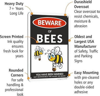 SmartSign Funny Beware Of Bees Warning Sign - 10"x7", 40 mil Laminated Rust-free Aluminum - Metal Signs for Home, Farmhouse, Club, Garden, Outdoors, Patio, Gifts, Cafe - Bees Theme, Made in USA