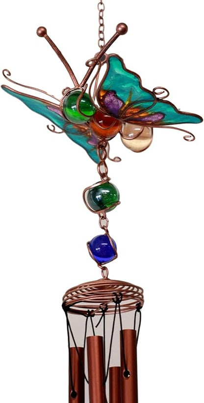 Atlantic Collectibles Stained Glass Flitting Butterfly Copper Metal Wind Chime 28" Long Resonant Outdoor Patio Garden Decor Accessory