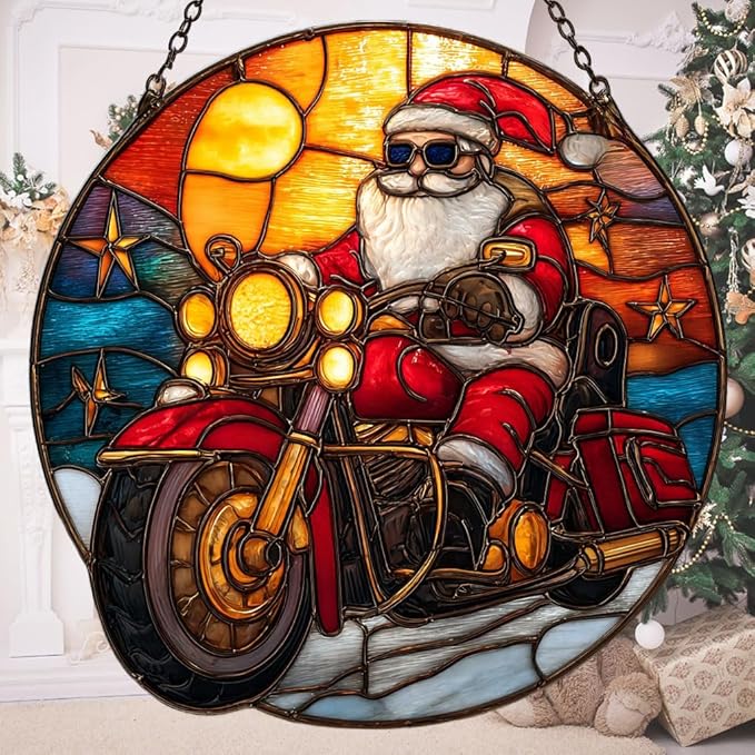 Cool Retro Santa Riding Motorcycle Mosaic Acrylic Suncatcher Stained Glass Effect Window Car Hanging Christmas Ornament Indoor Outdoor Decor Garden Sun Catcher Panel for Women Mom Grandma