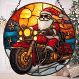 Cool Retro Santa Riding Motorcycle Mosaic Acrylic Suncatcher Stained Glass Effect Window Car Hanging Christmas Ornament Indoor Outdoor Decor Garden Sun Catcher Panel for Women Mom Grandma