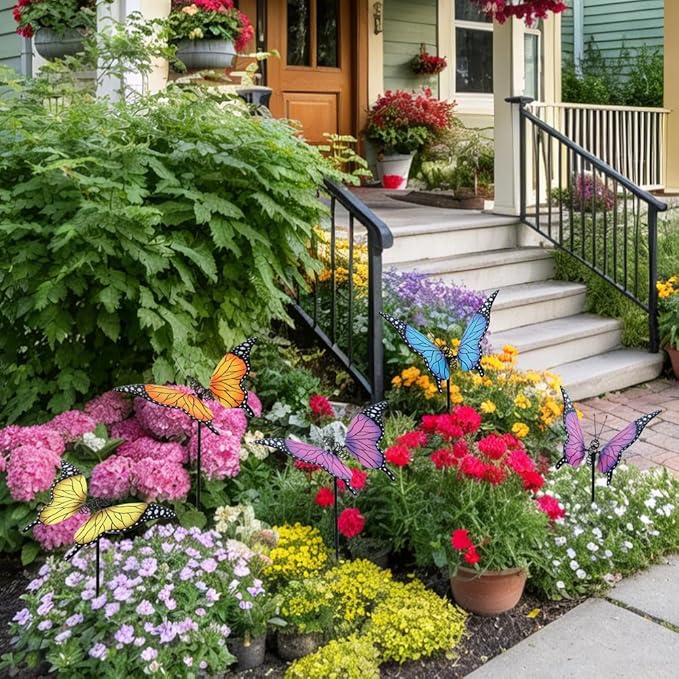 hogardeck Garden Decor for Outside, Set of 4 Metal Butterfly Decorative Garden Stakes for Spring Decor, Yard Art Garden Decorations for Outdoor Lawn Pathway Patio