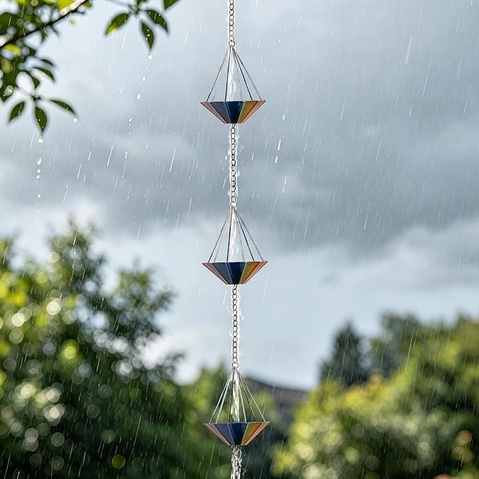 9.6 Ft Rain Chains for Outside, Decorative Metel Rain Gutter Chain with 10 Colorful Cups for Eaves Drainage, Replacement for Downspout