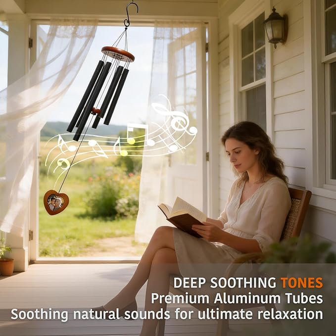 Memorial Wind Chimes with Wooden Photo Frame, 32 Inch Sympathy Windchime Outdoors for Loss of Loved One, Personalized Berevement/Memorial Gifts for Loss of Mother, Father, Husband, Friend, Pet