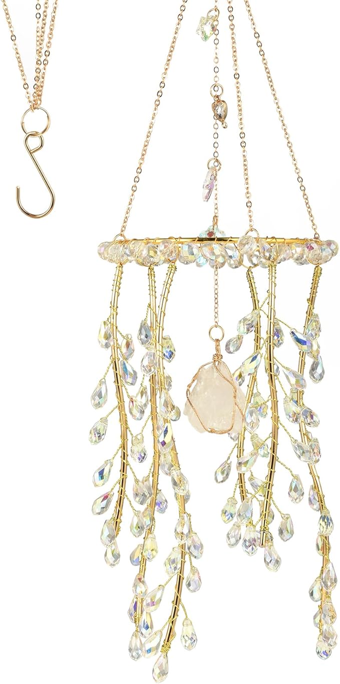 Crystal Hanging Suncatcher with Natural Stone, 16.9 Inch Decorative Wind Chime, Gold Chain & Branch Design (Aurora)