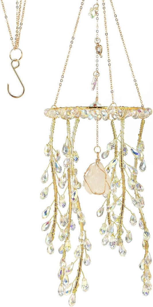 Crystal Hanging Suncatcher with Natural Stone, 16.9 Inch Decorative Wind Chime, Gold Chain & Branch Design (Aurora)