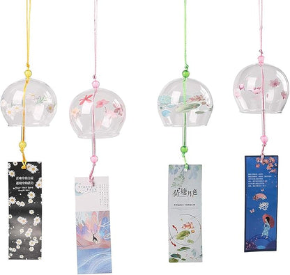 Falytemow 4 pcs Japanese Wind Chimes Romantic Flowers Small Wind Bells Handmade Glass Japanese Style Pendant for Birthday Present Home Decors (Sakura, Chrysanthemums, Lotus, and Plum Blossoms, 7 cm)