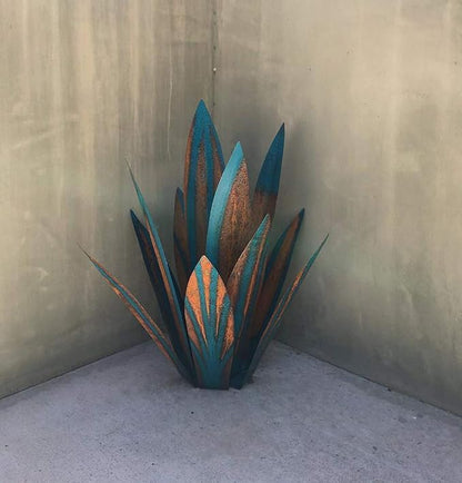 Juesi Metal Agave Plants for Outdoors, Garden Sculpture Metal Arts for Yard Lawn Patio (10.6" X 2.5", Ocean Blue)