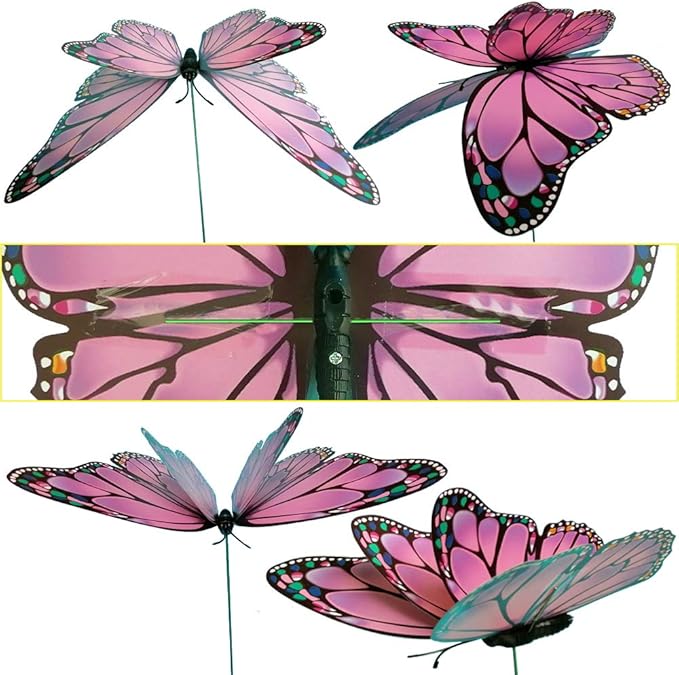 Giant Butterfly Garden Stakes Decorations Outdoor 3D Pink Butterflies Lawn Decorative Yard Decor Patio Accessories Ornaments PVC Gardening Art Christmas Whimsical Gifts (Pack of 24)