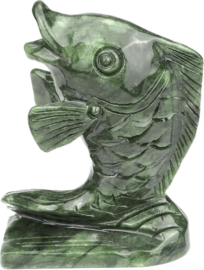gemshan Jade Koi Fish Statue - 4.5 Inch Natural Jade Lucky Charm, Collector's Art Piece for Aquarium/Desk/Garden Feng Shui Arrangement