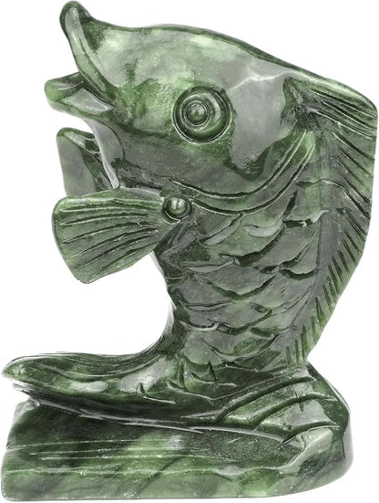 gemshan Jade Koi Fish Statue - 4.5 Inch Natural Jade Lucky Charm, Collector's Art Piece for Aquarium/Desk/Garden Feng Shui Arrangement