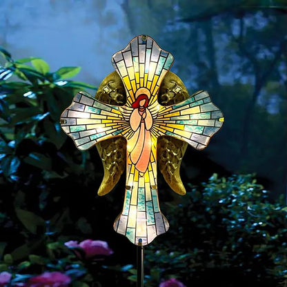 WAIU Solar Cross Garden Stake Lights, Angel Wings Waterproof Solar Outdoor Lights for Garden Yard Cemetery Decor, Memorial Cross Solar Christmas Lights