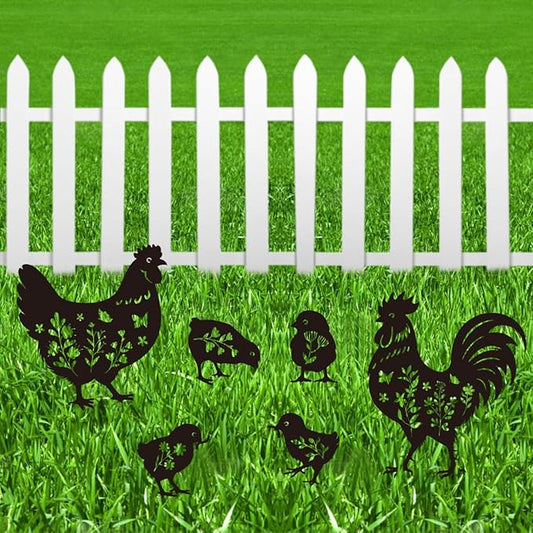 Chicken Garden Stake Outdoor Yard Decor – Set of 6 Metal Chicken Lawn Ornament, Women/Men Rooster Lover Gift, Weather-Resistant Silhouette Statues Yard Art for Patio
