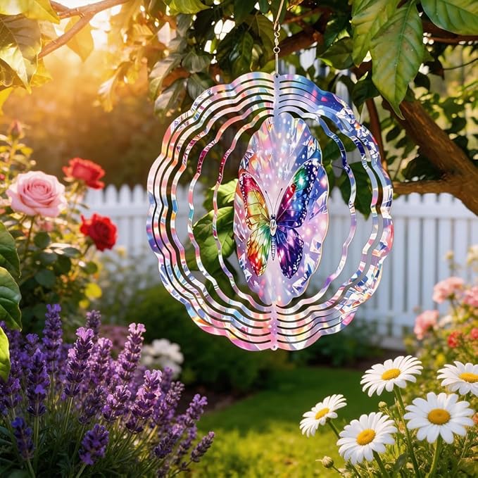 Butterfly Wind Chimes 10 x 10 Inch Hanging Garden Decor with Crystal Prism Rainbow Wing Design Aluminum Outdoor Yard Art for Patio Balcony Tree Porch Decoration Gift