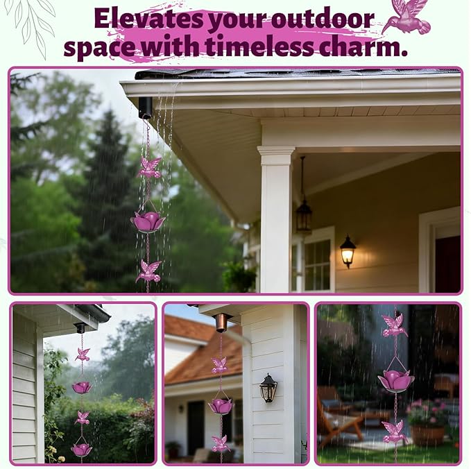 9.2ft Rain Chains for Gutters Outside,Rain Catcher Chain with 6 Lotus Rain Metal Cups & 7 Hummingbird Decor,Adjustable Rain Catcher Chain Replacement Downspout for Gutters,Drainage & Eaves