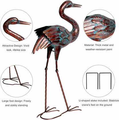 Natelf Garden Crane Statues for Outdoor Standing Patina Heron Decoy Yard Sculptures, Metal Bird Art Ornaments for Patio Lawn Pond Backyard Decorations