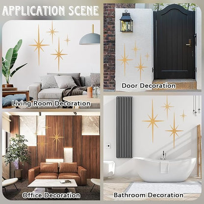 CREATCABIN 4Pcs Star Burst Wall Decor Black Mid Century Modern Metal Wall Art Sculpture Retro 8 Pointed Atomic Stars Celestial Hanging Ornament Accents for Home Bedroom Office Room Decoration
