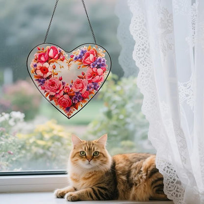 Heart - Shaped Pink Rose Stained Glass Window Hanging, 25cm/9.8in Sun Catcher for Home Garden Decor, Gift for Valentine's Day, Mother's Day (Rose)
