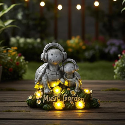 Solar Garden Turtle Statue 5.9"with Headphones,Solar Statue with 5 LED Lights,Anti-Fade Stone Texture Turtle Gifts for Women Men Mom Dad,Unique Resin Lawn Ornaments for Patio Yard Lawn Balcony