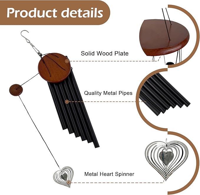 28'' Wind Chimes with Heart Spinner, Aluminum Hanging Metal Wind Catcher for Outdoor Decor, Garden, Patio Decoration