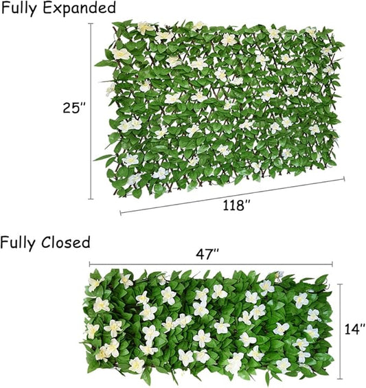 Expandable Privacy Screen with Artificial Flower for Balcony Patio Fence Greenery Privacy Fence Outdoor White Flowers 2pcs