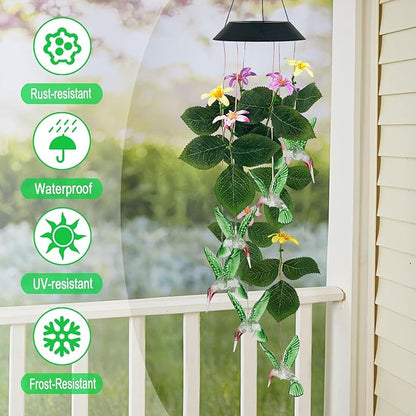 Hummingbirds Solar Wind Chimes Outdoor,Color Changing LED Dangler Mobiles for Outside, Hanging Decoraition for Patio,Porch,Yard,Gifts for Women