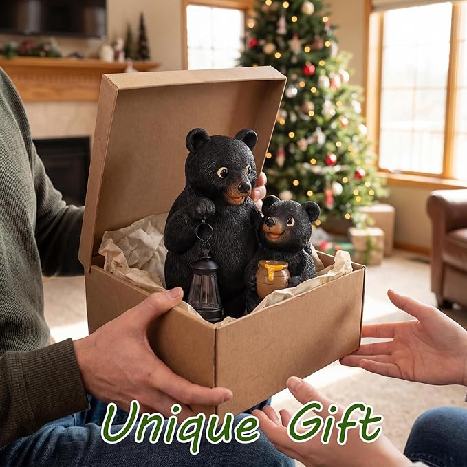 Lavezee Garden Bear Statues, Mother and Baby Bear Figurines with Solar Lantern for Outdoor Porch Yard Lawn, Unique Bear Gifts for Mom Grandma Women