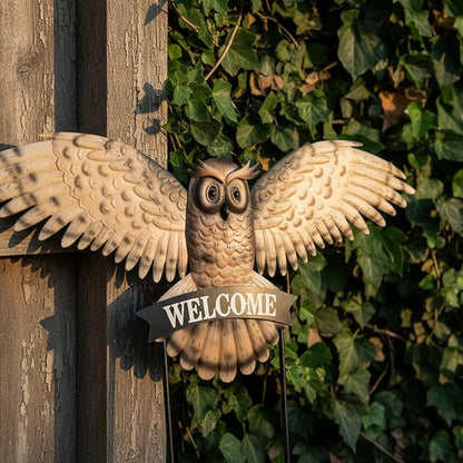 Decorative Garden Stakes Large Vintage Owl with Welcome Sign for Front Door 37.2W*35.2H, Metal Yard Art Oversized Rustic Lawn Ornaments Outdoor Decor for Mothers Day Garden Gifts