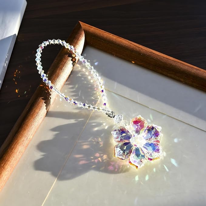 Hanging Crystal Sun Catcher, Hanging Car Decoration, Crystal Ornament for Car, Rainbow Prism, Home Decoration (Flower)