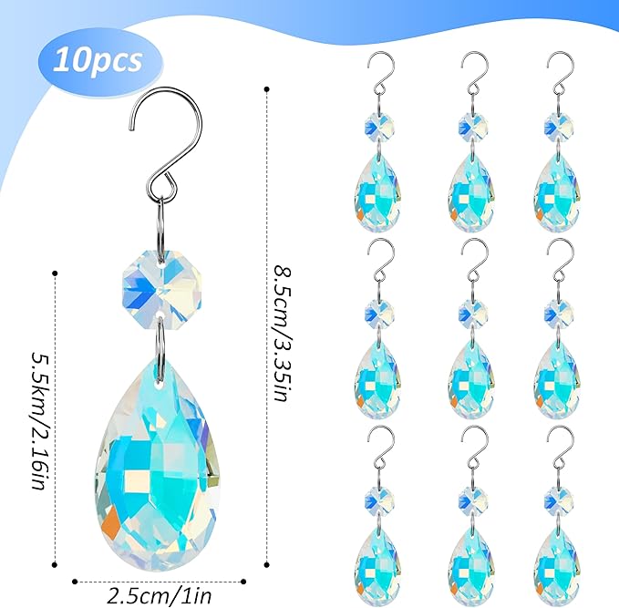 10pcs Crystal Sun Catcher, 38mm Hanging Clear Teardrops Crystals Chandelier Parts Prisms Pendants with Hook for Windows Lamps and Lanterns Party Birthday Decorations Home Decor (AB Color Teardrop)