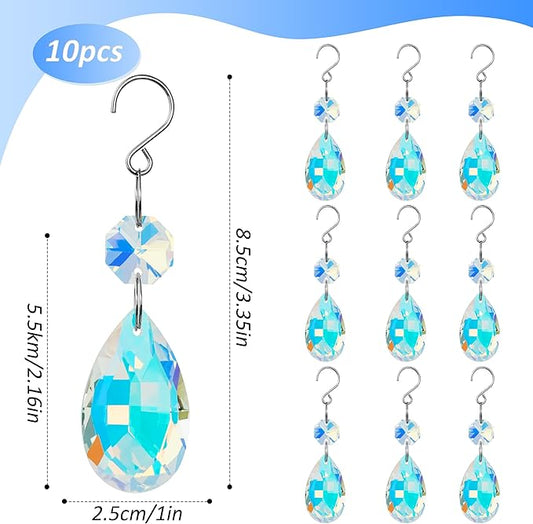 10pcs Crystal Sun Catcher, 38mm Hanging Clear Teardrops Crystals Chandelier Parts Prisms Pendants with Hook for Windows Lamps and Lanterns Party Birthday Decorations Home Decor (AB Color Teardrop)