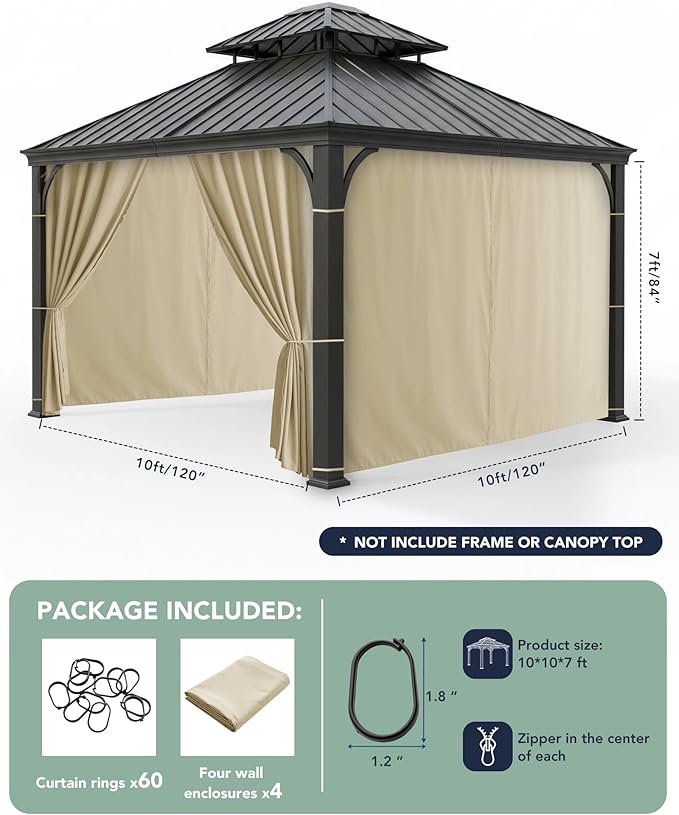 Outdoor Curtains Patio Waterproof - 10'Wx10'Lx7.9'H Gazebo Universal Replacement Privacy Curtains, 4 Panels Outside Sidewall Drapes with Zipper for Pergola Garden Backyard, Cream