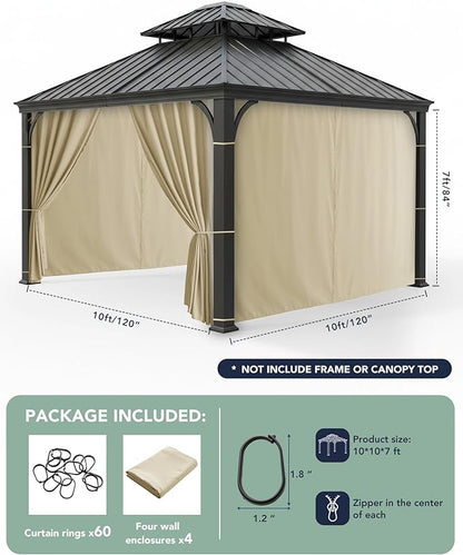 Outdoor Curtains Patio Waterproof - 10'Wx10'Lx7.9'H Gazebo Universal Replacement Privacy Curtains, 4 Panels Outside Sidewall Drapes with Zipper for Pergola Garden Backyard, Cream