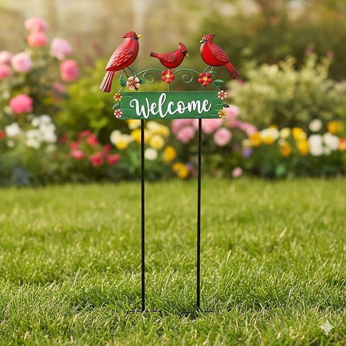 42.5inch Cardinal Garden Stake with Welcome Yard Sign and Metal Flowers for Outdoor Garden Decor, Cardinal Yard Decor for Outdoor Lawn Ornaments