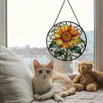Sunflower Stained Glass Window Hanging, Cottagecore Sunflower Floral Botanical Suncatcher Indoor Window Glass Round Wall Art Decor, 7.9x7.9 Inch
