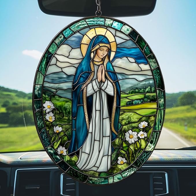 Virgin Mary Acrylic Suncatcher Stained Glass Effect Window Car Hanging Christmas Ornament Indoor Outdoor Decor Garden Memorial Sun Catcher for Family Christmas Jesus Gift for Women Mom Grandma