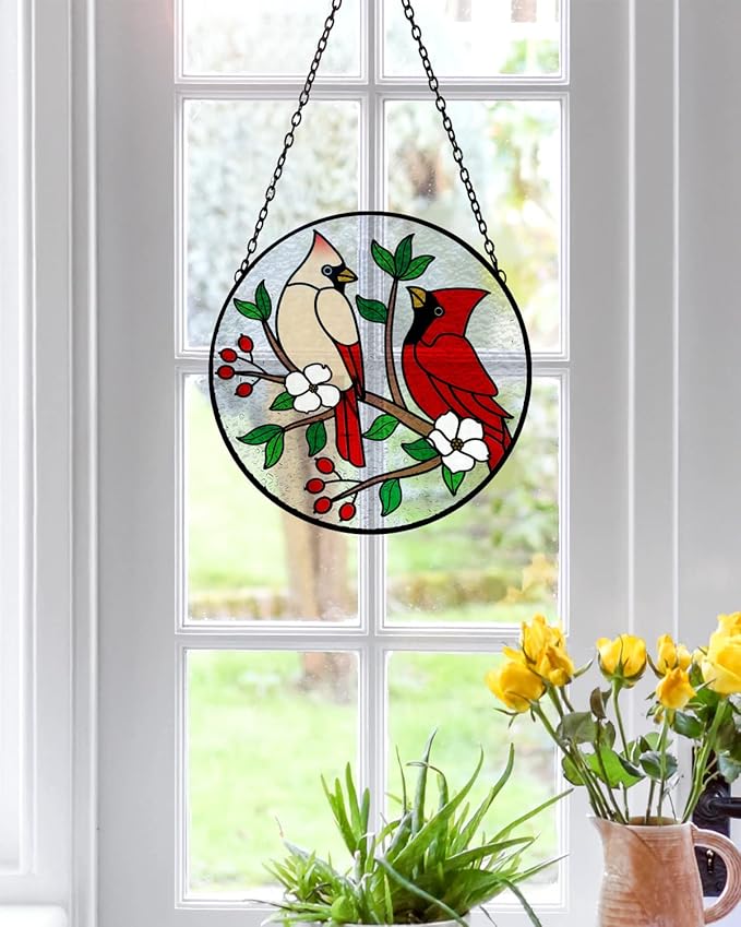 Tuitessine Cardinal Stained Glass Suncatcher - Red Bird Sun Catcher - Hand-Painted Glass Panel - Decor for Window - Christmas & Birthday Gift for Grandma & Birds Lover - 6.3x6.3