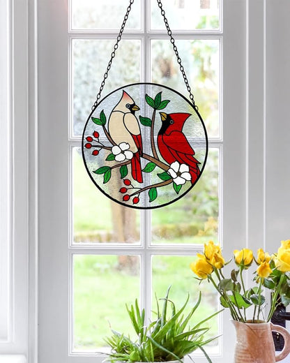 Tuitessine Cardinal Stained Glass Suncatcher - Red Bird Sun Catcher - Hand-Painted Glass Panel - Decor for Window - Christmas & Birthday Gift for Grandma & Birds Lover - 6.3x6.3