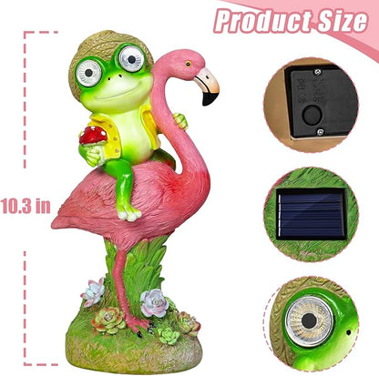 Solar Garden Statue, Whimsical Frog Riding Flamingo Outdoor Decor with Glowing LED Eyes, IP65 Waterproof Resin Lawn Ornament for Patio Yard Balcony, Unique Housewarming Gift for Mom Grandma Women