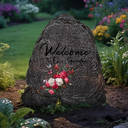 Garden Stone Sculpture with Roses and Butterflies, Solar Resin Outdoor Sculpture, Suitable As A Grave Decoration for Gardens, Lawns, Cemeteries, Memorial Gifts, Home Decoration