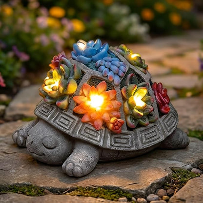 Solar Turtle Garden Outdoor Decor with Succulent & 7 LED Lights – Outside Tortoise Statue Decor for Yard Patio Balcony & Backyard - Home House Decoration Art- Gift for Women Mom & Grandma