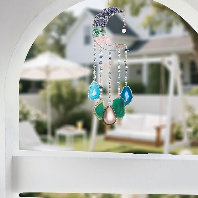 Yoption Lapis Lazuli Moon Tree of Life Agate Slice Wind Chime, Handmade Healing Crystal Stone Wind Chime for Home Wall Garden Decorative Ornament, Unique Gift