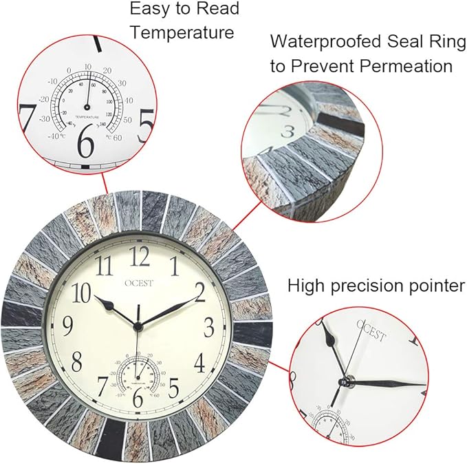 OCEST 13 Inch Large Outdoor Indoor Clock, Waterproof Wall Clock with Thermometer, Weather-Resistant Non-Ticking Battery Operated Decor for Patio, Pool, Lanai, Fence, Porch, Garden（Brown）