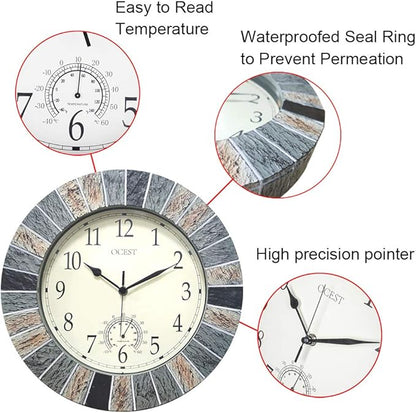 OCEST 13 Inch Large Outdoor Indoor Clock, Waterproof Wall Clock with Thermometer, Weather-Resistant Non-Ticking Battery Operated Decor for Patio, Pool, Lanai, Fence, Porch, Garden（Brown）