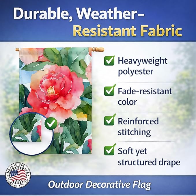 Caroline's Treasures Alabama Camellia in Watercolor House Flag Large Porch Sleeve Pole Decorative Outside Yard Banner Artwork Wall Hanging, Polyester, House Size, Multicolor