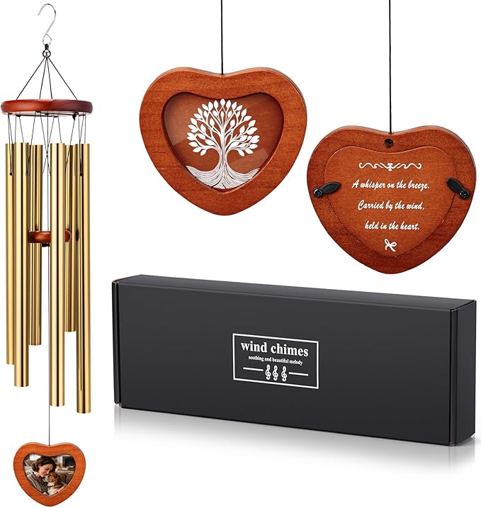 32'' Memorial Wind Chime with Wooden Photo Frame - Personalized Wind Chimes for Loss of Family, Friend, or Pet, Deep Tone Sympathy Chimes for Indoor or Outdoor Decor, Garden, Patio Memorial - Gold
