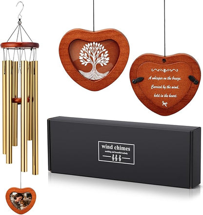 32'' Memorial Wind Chime with Wooden Photo Frame - Personalized Wind Chimes for Loss of Family, Friend, or Pet, Deep Tone Sympathy Chimes for Indoor or Outdoor Decor, Garden, Patio Memorial - Gold