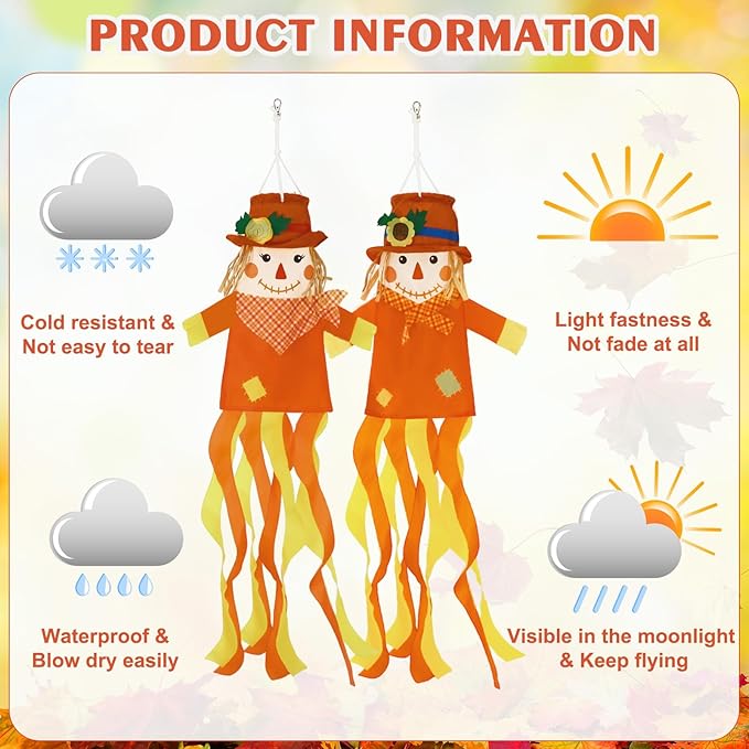 NOVWANG 2 Pcs Fall Scarecrows Windsocks, 40 Inch Outdoor Autumn Wind Sock Thanksgiving Hanging Scarecrow Decorations for Garden Patio Party Home Yard Decor