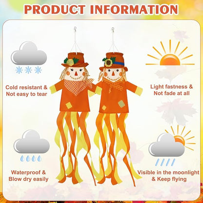 NOVWANG 2 Pcs Fall Scarecrows Windsocks, 40 Inch Outdoor Autumn Wind Sock Thanksgiving Hanging Scarecrow Decorations for Garden Patio Party Home Yard Decor